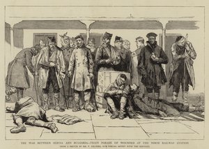 De oorlog tussen Servië en Bulgarije, treinparade van gewonden op het Nisch-treinstation door Frederic Villiers